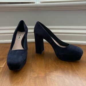 Miu Miu Navy Suede Platform Pumps with Block Heel